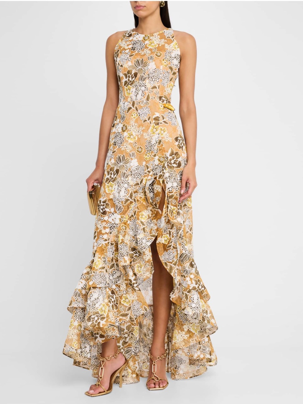 BRONX AND BANCO Sicilia Floral Lace Ruffle Front Slit Long Gown Size 6/Small NEW